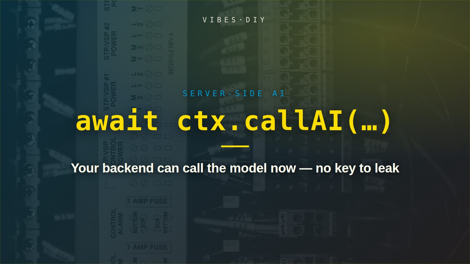 Illustration card: “await ctx.callAI(…)” set over a vintage tangle of switchboard wiring, in the Vibes DIY teal-and-goldenrod style.