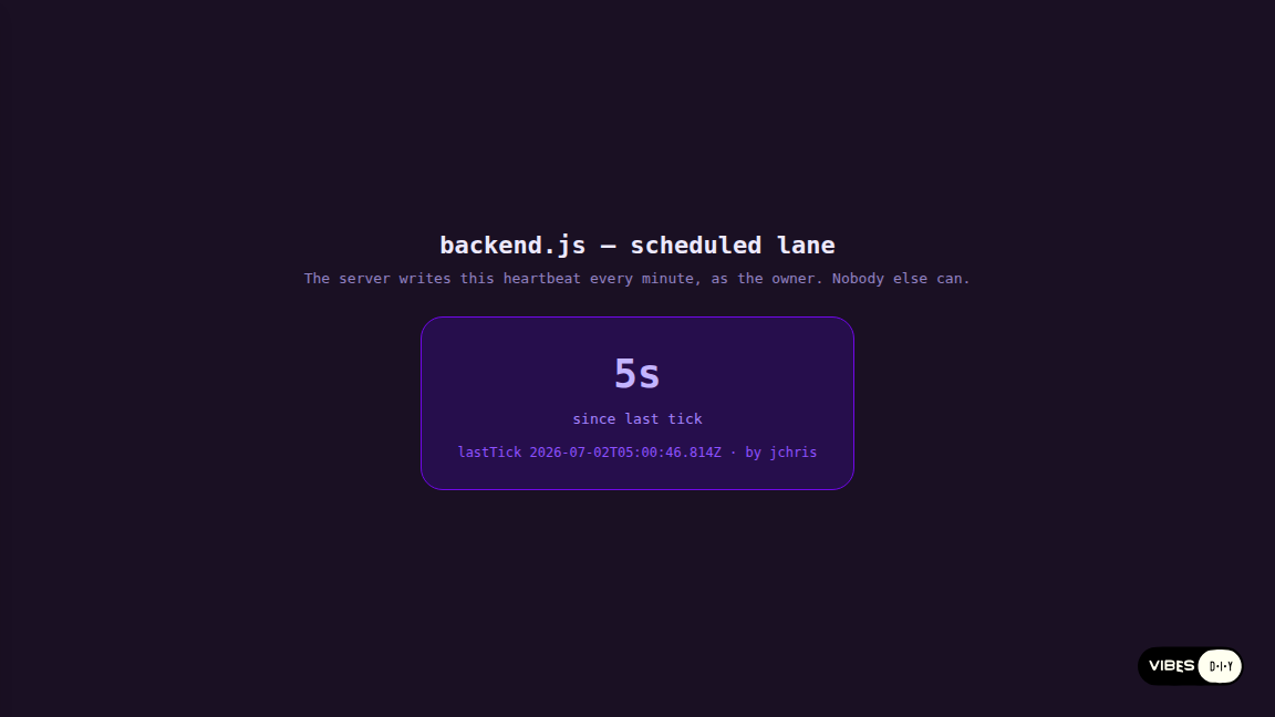 A live vibe showing a heartbeat card: 5 seconds since last tick, written by the server as the owner.