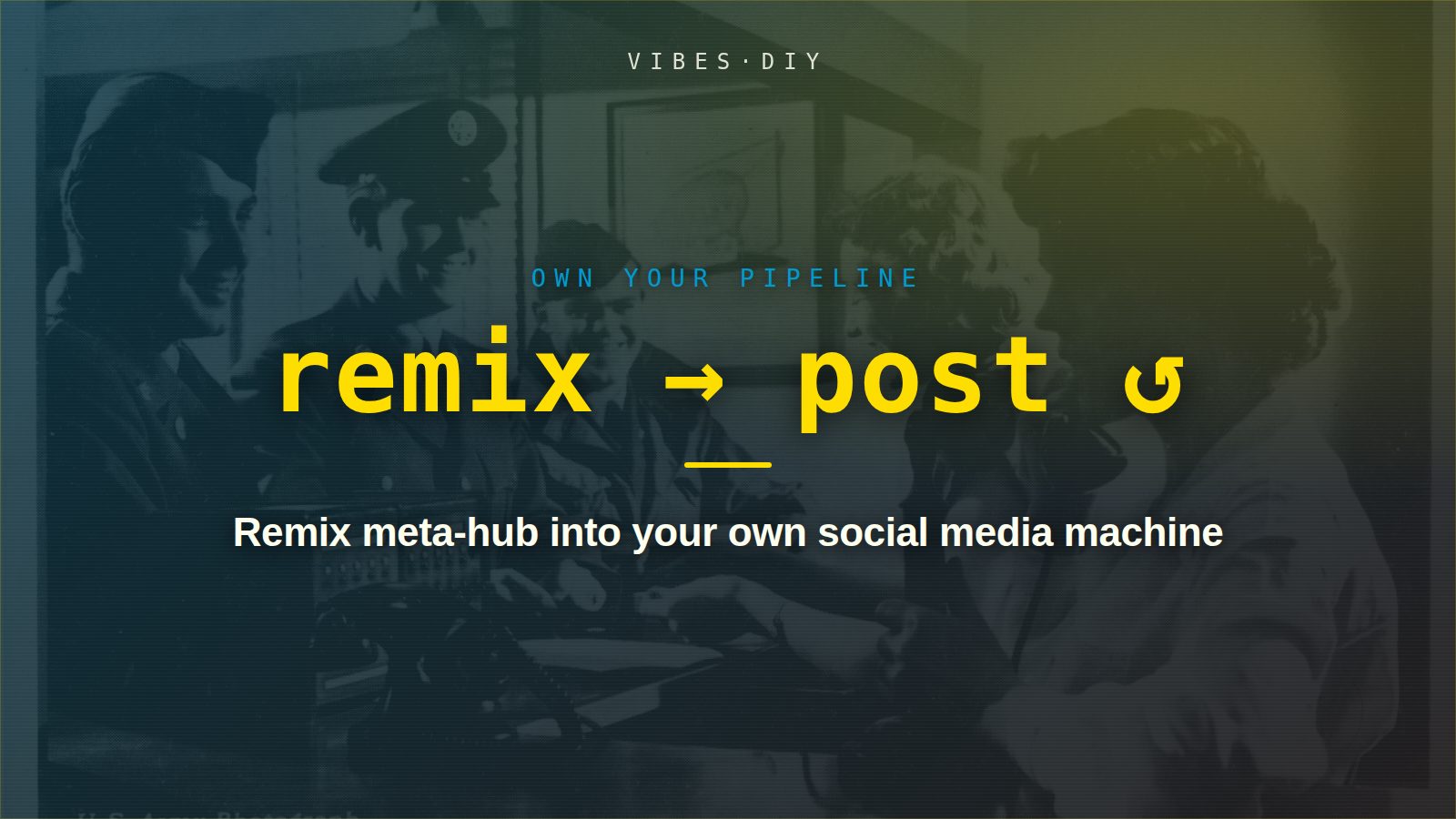 Title card: 'remix → post ↺' over a duotone photo of 1950s telephone switchboard operators.