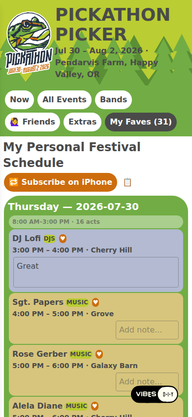 Pickathon Picker's My Faves view with the Subscribe on iPhone button