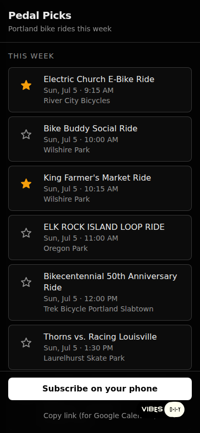 Pedal Picks, a generated app with starred rides and a subscribe bar