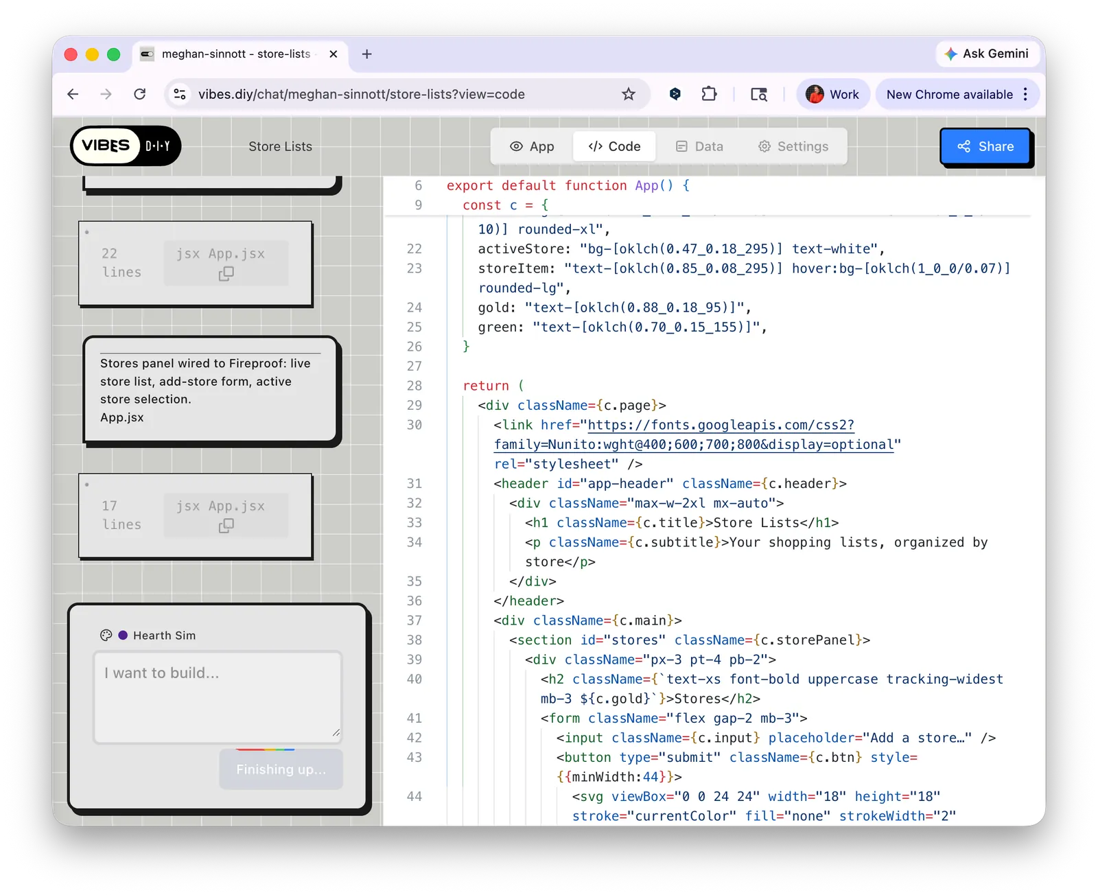 Code being written in the Code tab as the app builds
