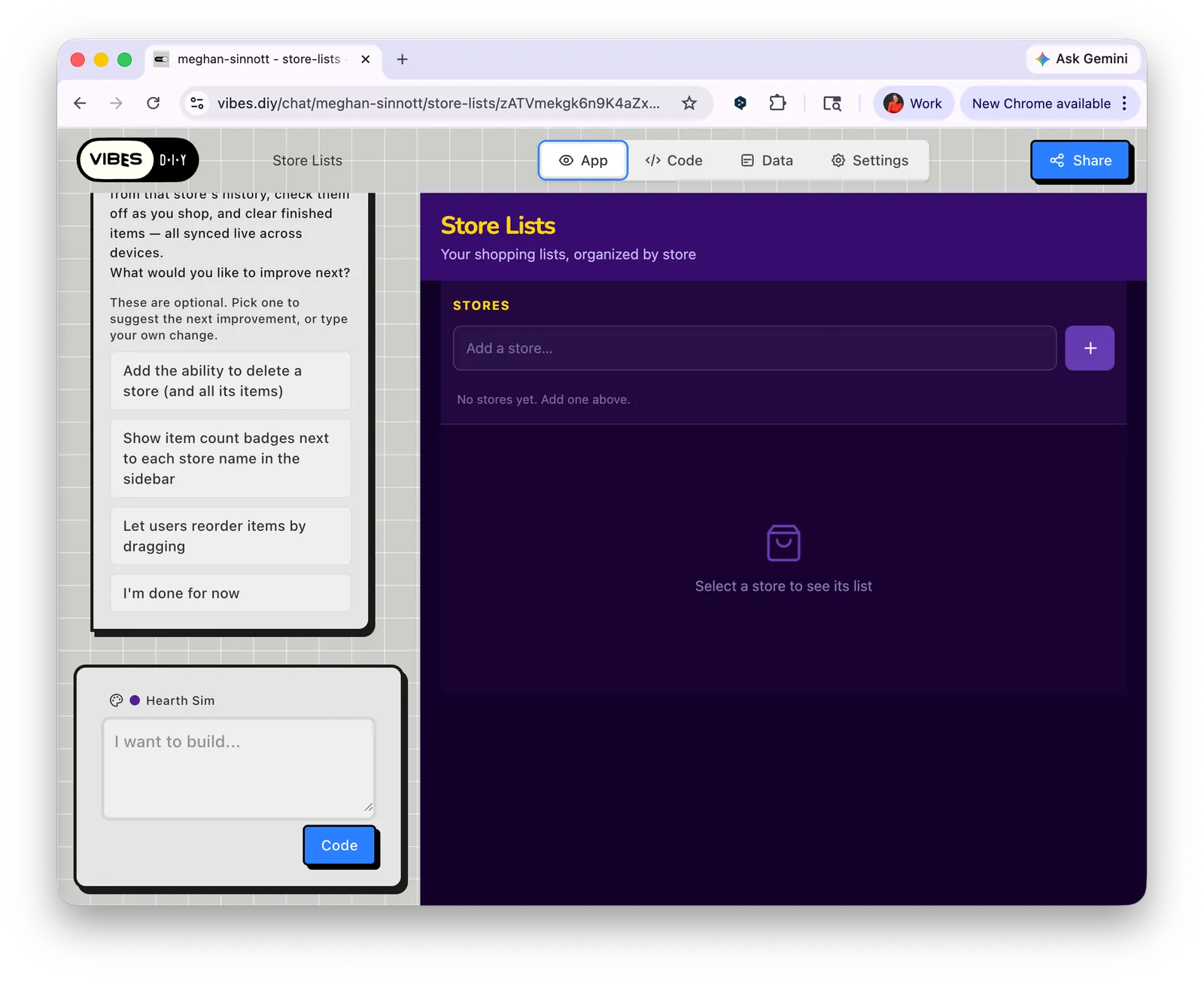 App running live in the preview pane with AI suggestions for next improvements