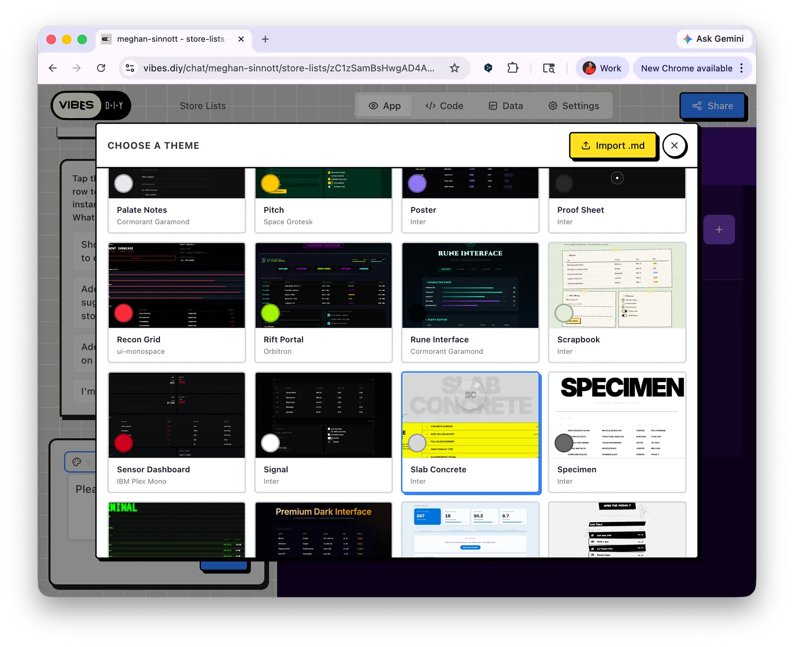 Theme picker open showing dozens of visual styles