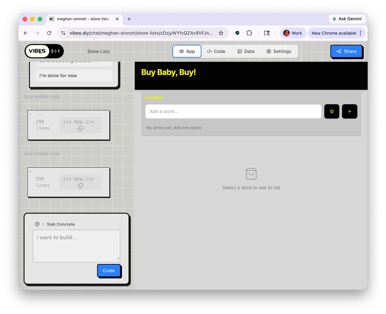 App restyled as Buy Baby Buy with Slab Concrete theme — black header, yellow text