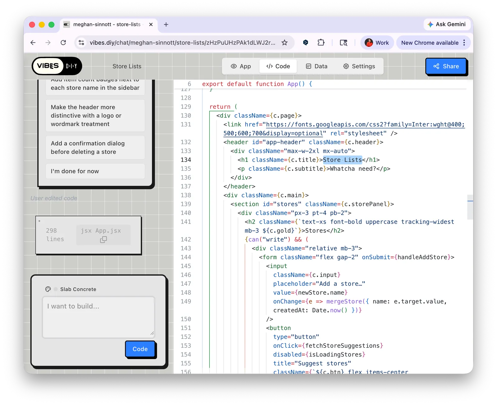 Code editor view showing the full App.jsx source with the app title editable