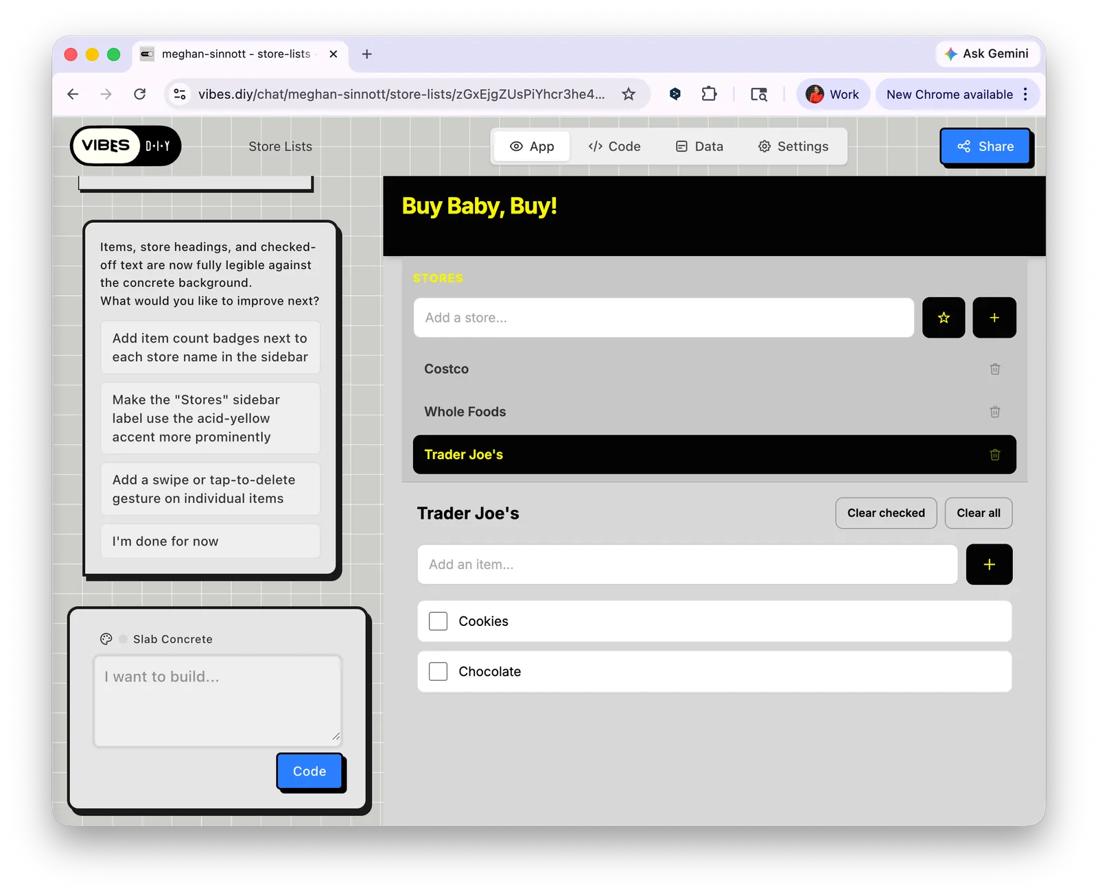 Fixed — list items now legible with Cookies and Chocolate clearly visible