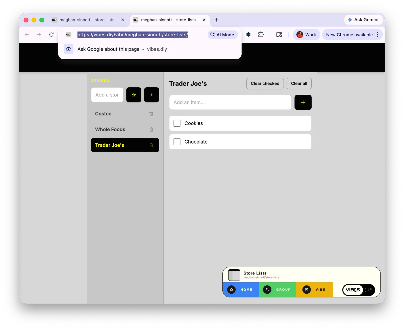 URL bar highlighted showing vibes.diy/vibe/meghan-sinnott/store-lists